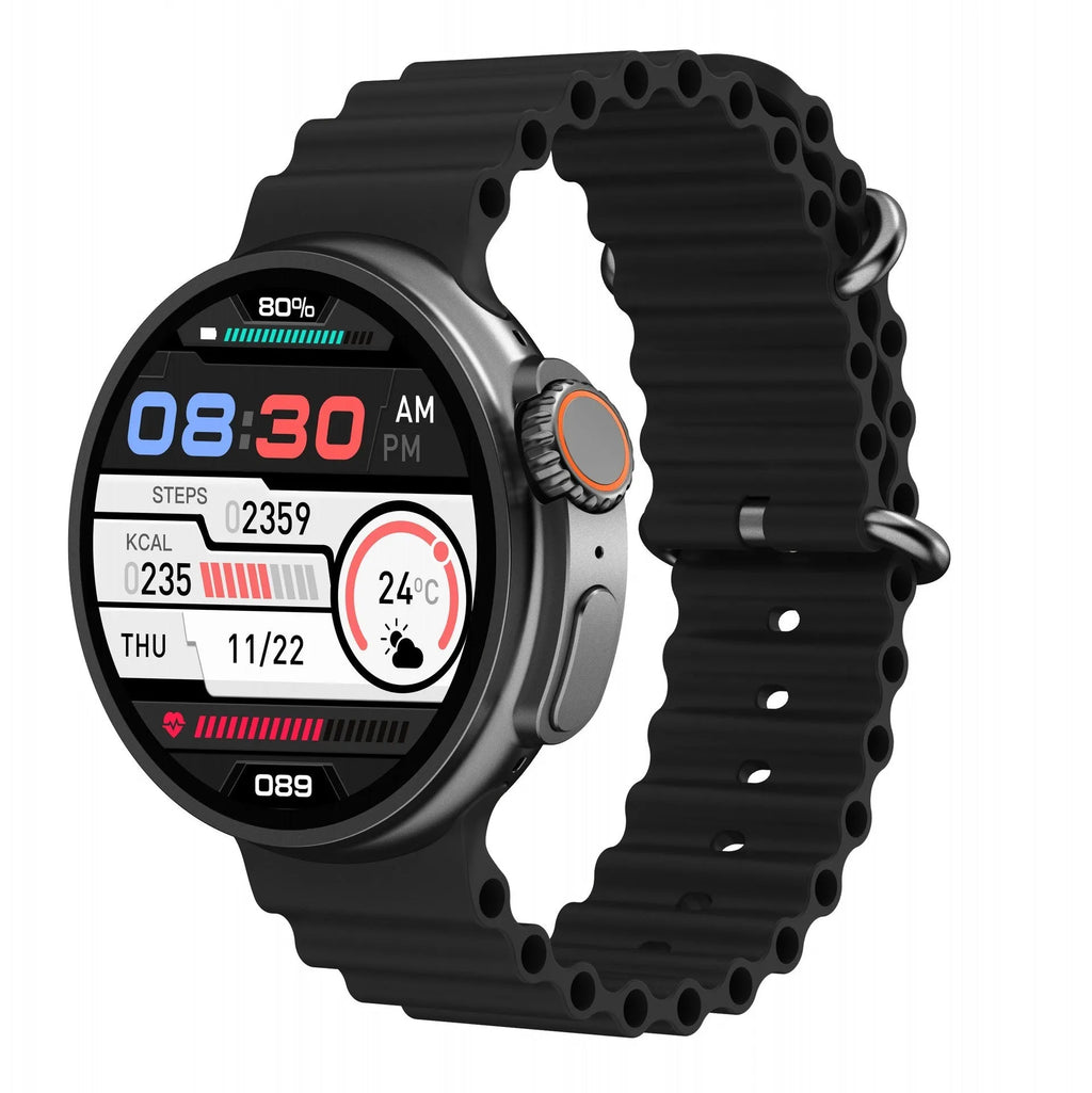K9 smart watch with black silicone strap and round screen showing fitness stats.