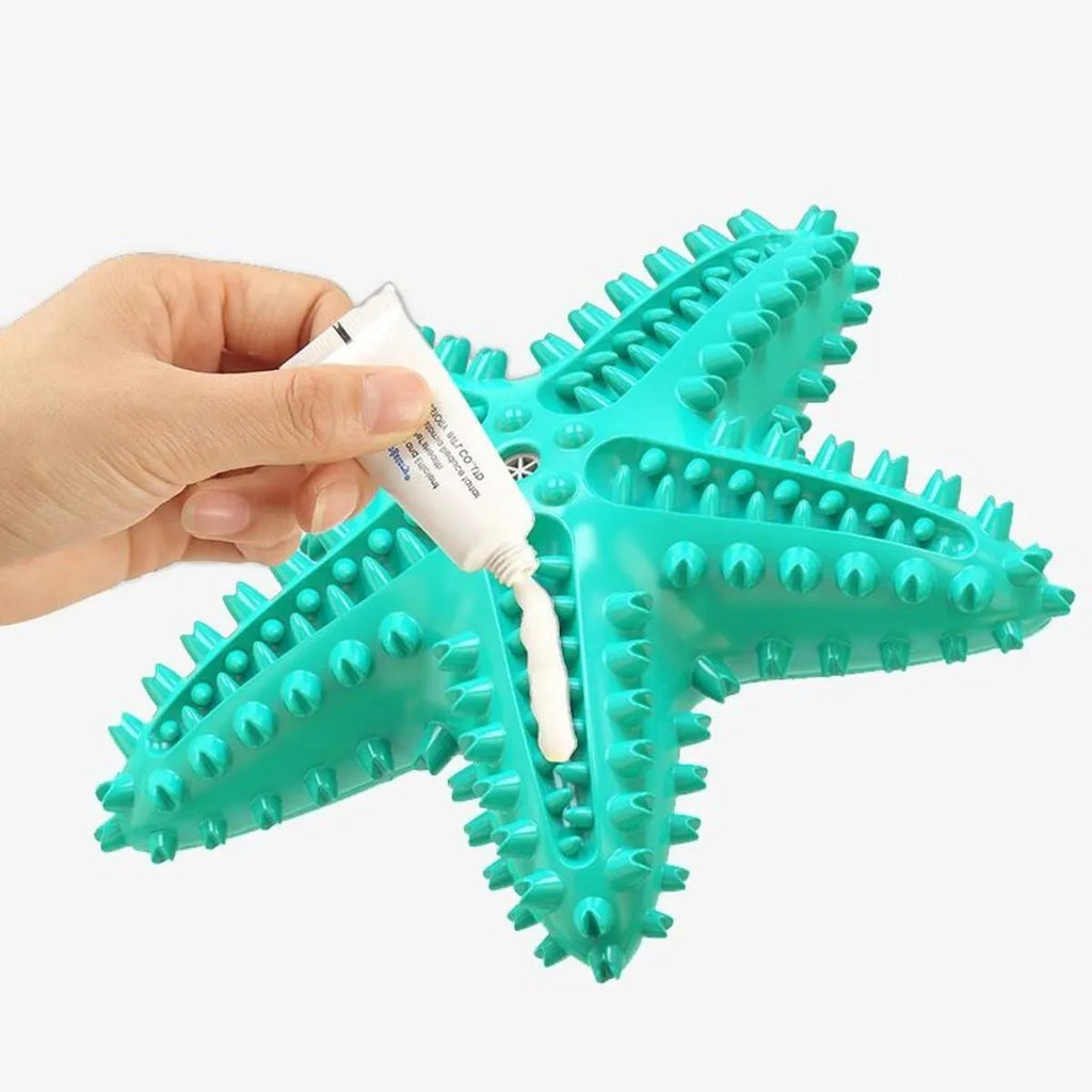Blue edible TPR starfish-shaped dog toy with squeaker for large breeds