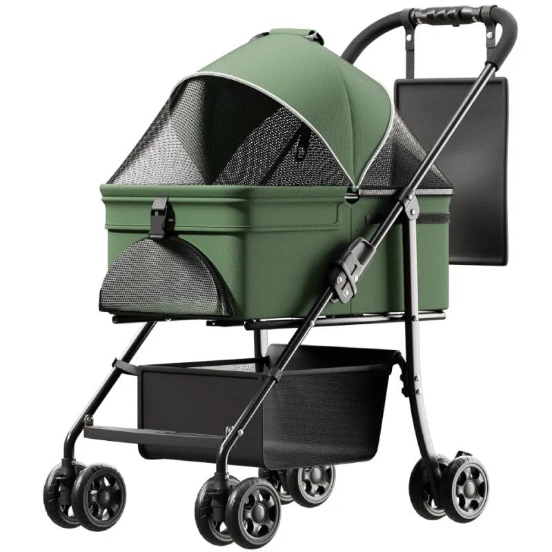 Black folding pet cart with detachable components and metal frame for pet transportation