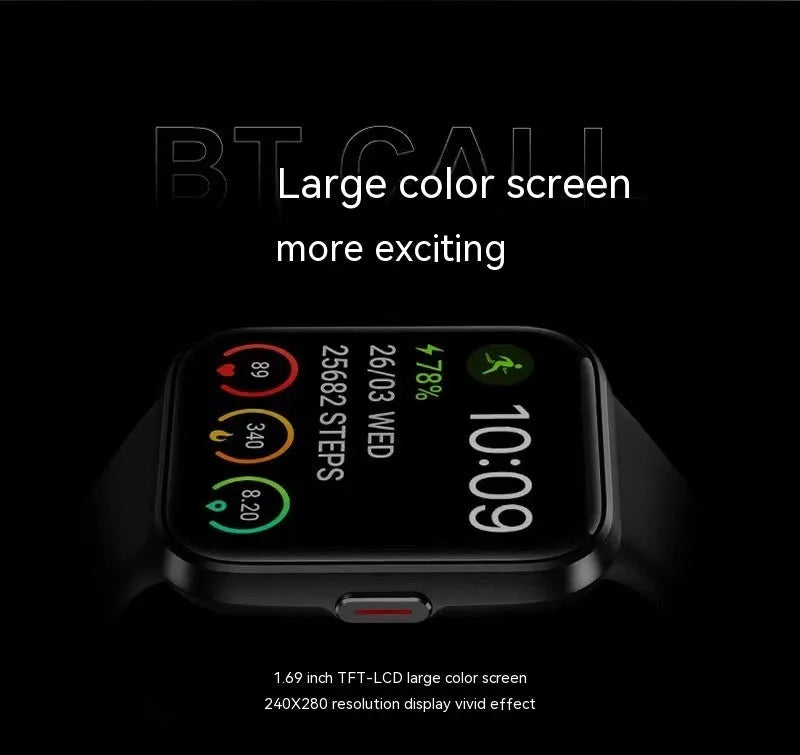 Smart watch with colour screen displaying health metrics, shown in black, blue, green, and pink colour options