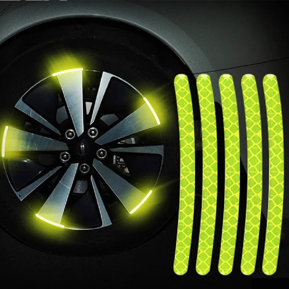 20-piece car wheel reflective stickers in arc shape with 11 colour options including fluorescent and luminous variants on wheel hub
