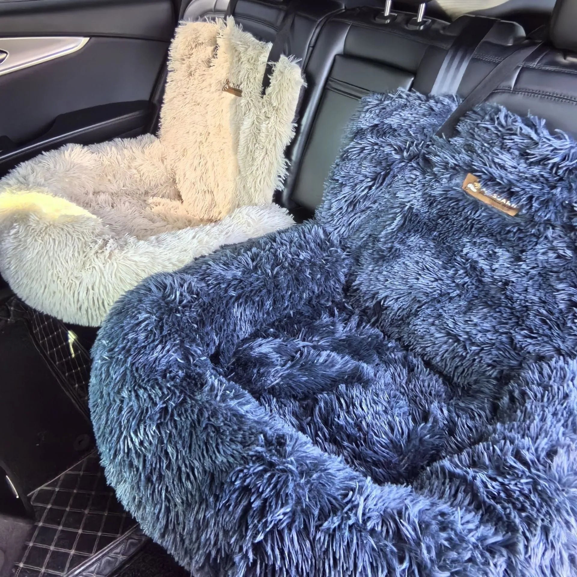 Winter thicken thermal vehicle-mounted pet mat in beige colour on a car seat, showing 50cm high padded sides and cloth material.
