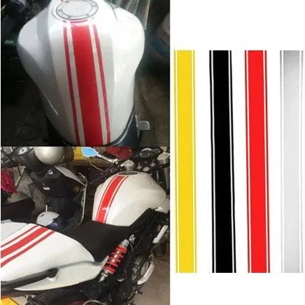 Motorcycle gas tank lid sticker with reflective pinstripes, 50cm long, 4.5cm wide, in black, red, silver, and yellow options