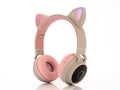 Pink cartoon cat ears wireless Bluetooth headset with head-mounted design on a white background