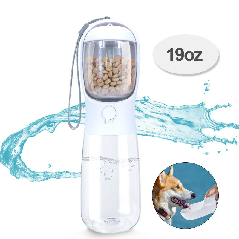 Portable plastic pet cup with 550ml water and 100g grain compartment, detachable design, shown in milk white, pink or turquoise