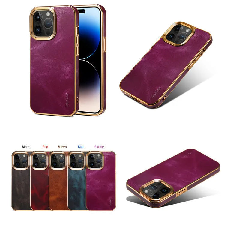Leather phone case with vintage oil wax finish showing textured surface and precise port openings
