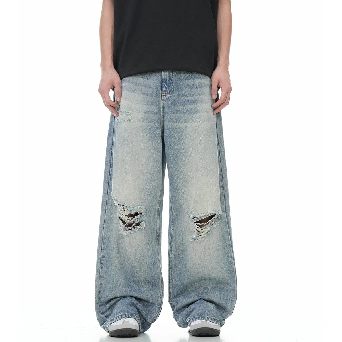 Blue straight-leg cotton blend trousers with zipper fly, retro style design, shown flat