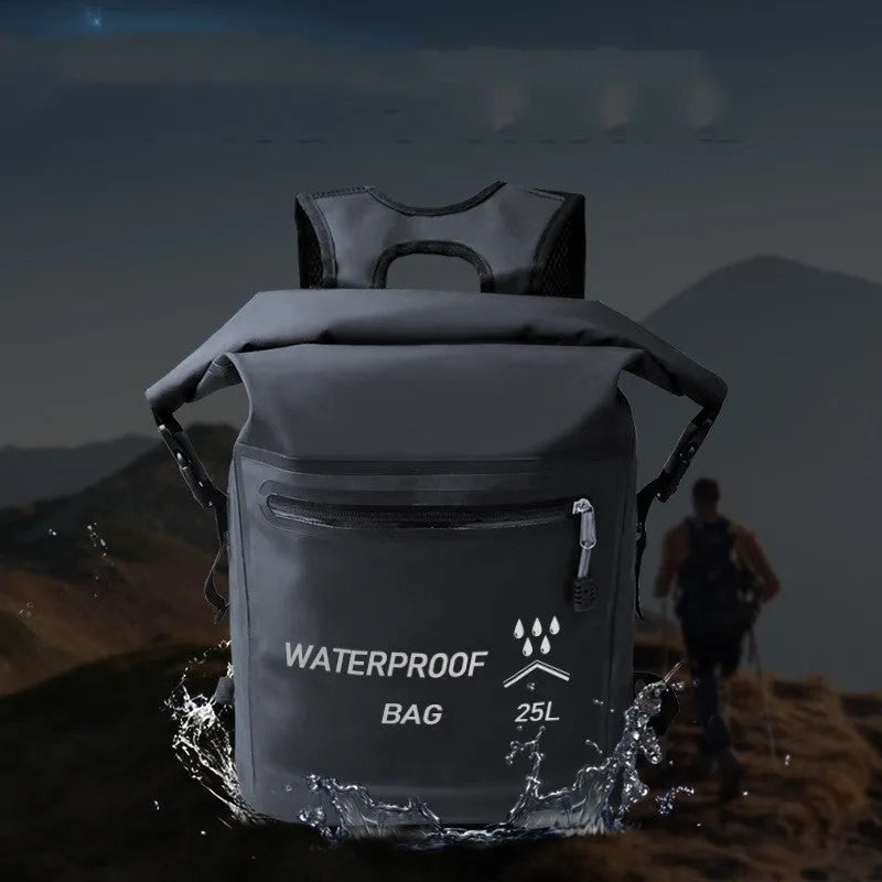 Black 25L waterproof outdoor backpack for swimming, river tracing and rafting activities