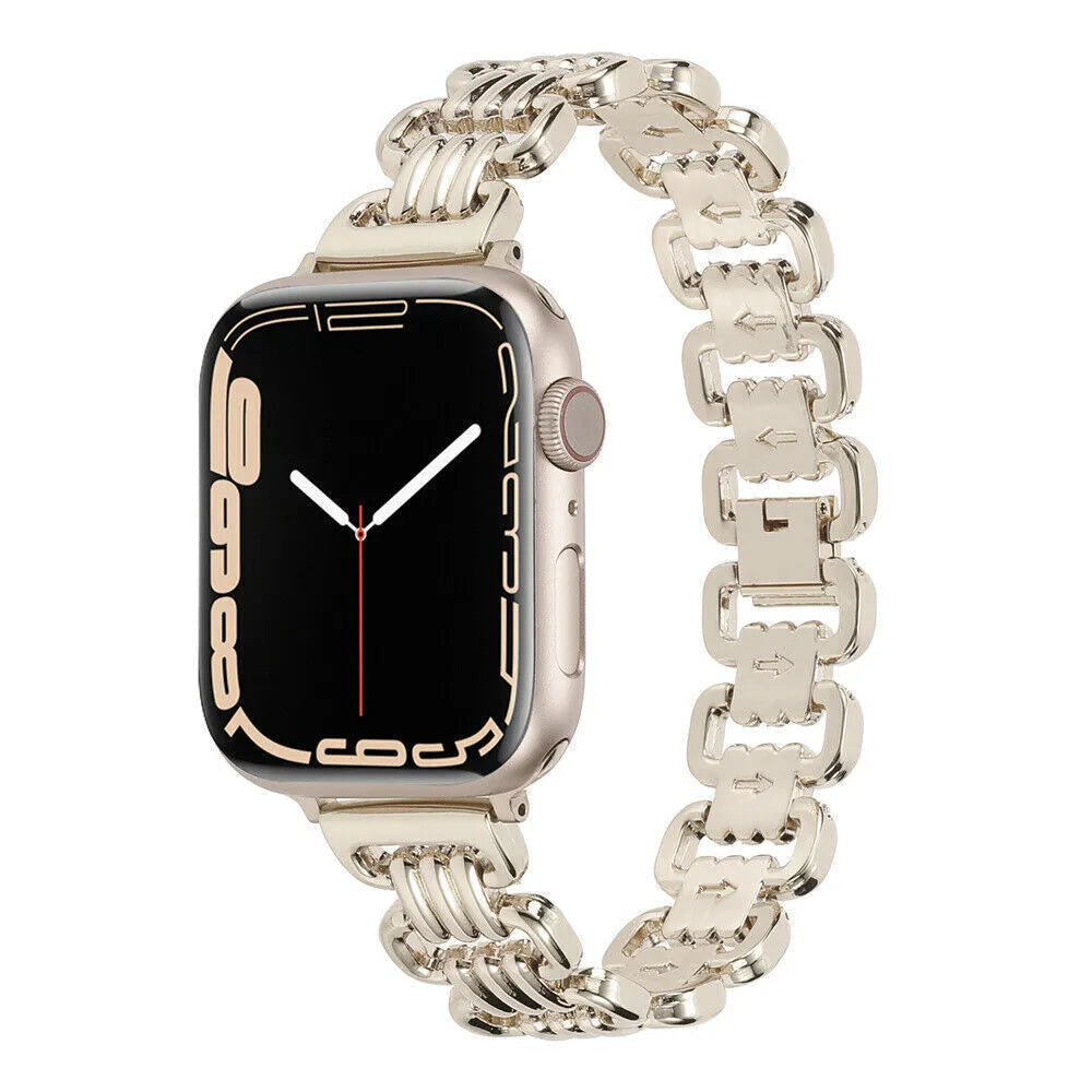 Alloy metal ladies watch bracelet for Apple Watch in silver, black, gold, rose gold, and Starlight colours, sizes 38-49mm