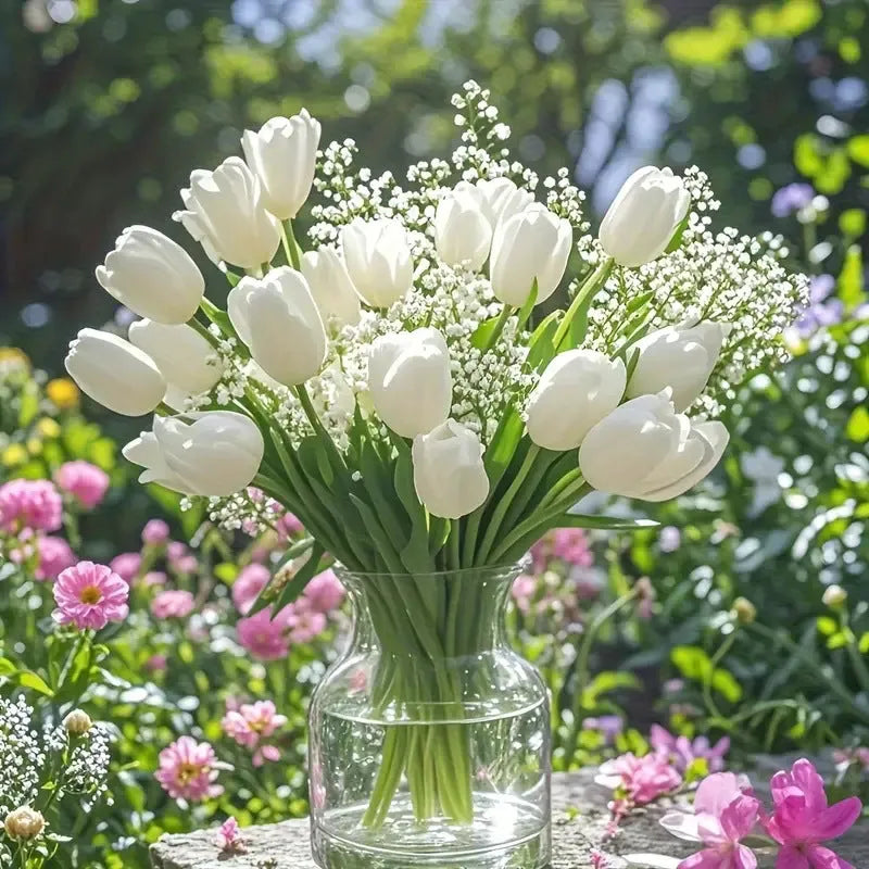 Plastic artificial tulip and starry flower bouquet set with thirty pieces for photography and decoration