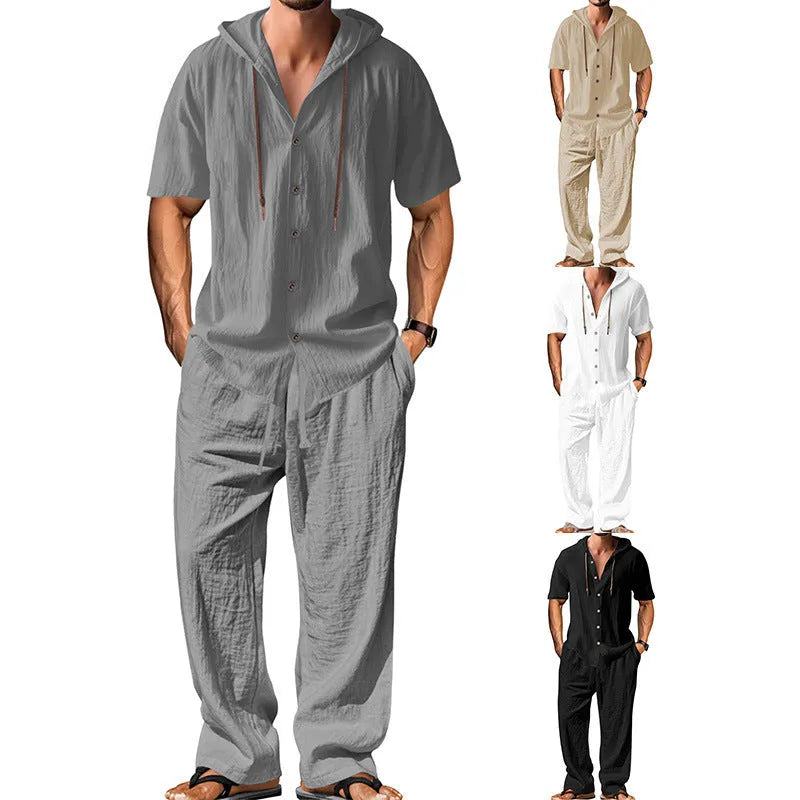 Men's casual cotton sports leisure suit in a long sleeve top and trousers, shown in a neutral colour.