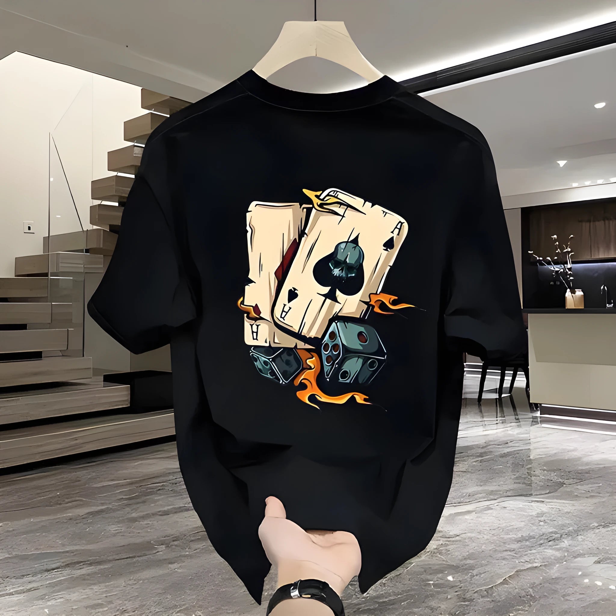 Men's black and white heavy cotton short-sleeved printed T-shirt on a hanger