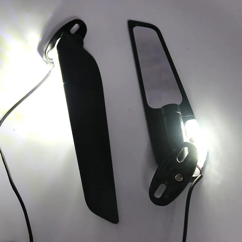 Spoiler rearview mirror for motorcycles with yellow light and convex white glass lens, aluminium alloy die-cast body