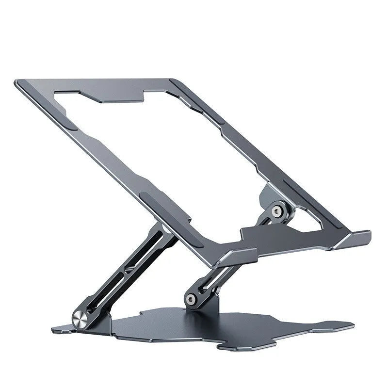 Grey aluminium alloy laptop stand folded flat with adjustable angle and silicone pads