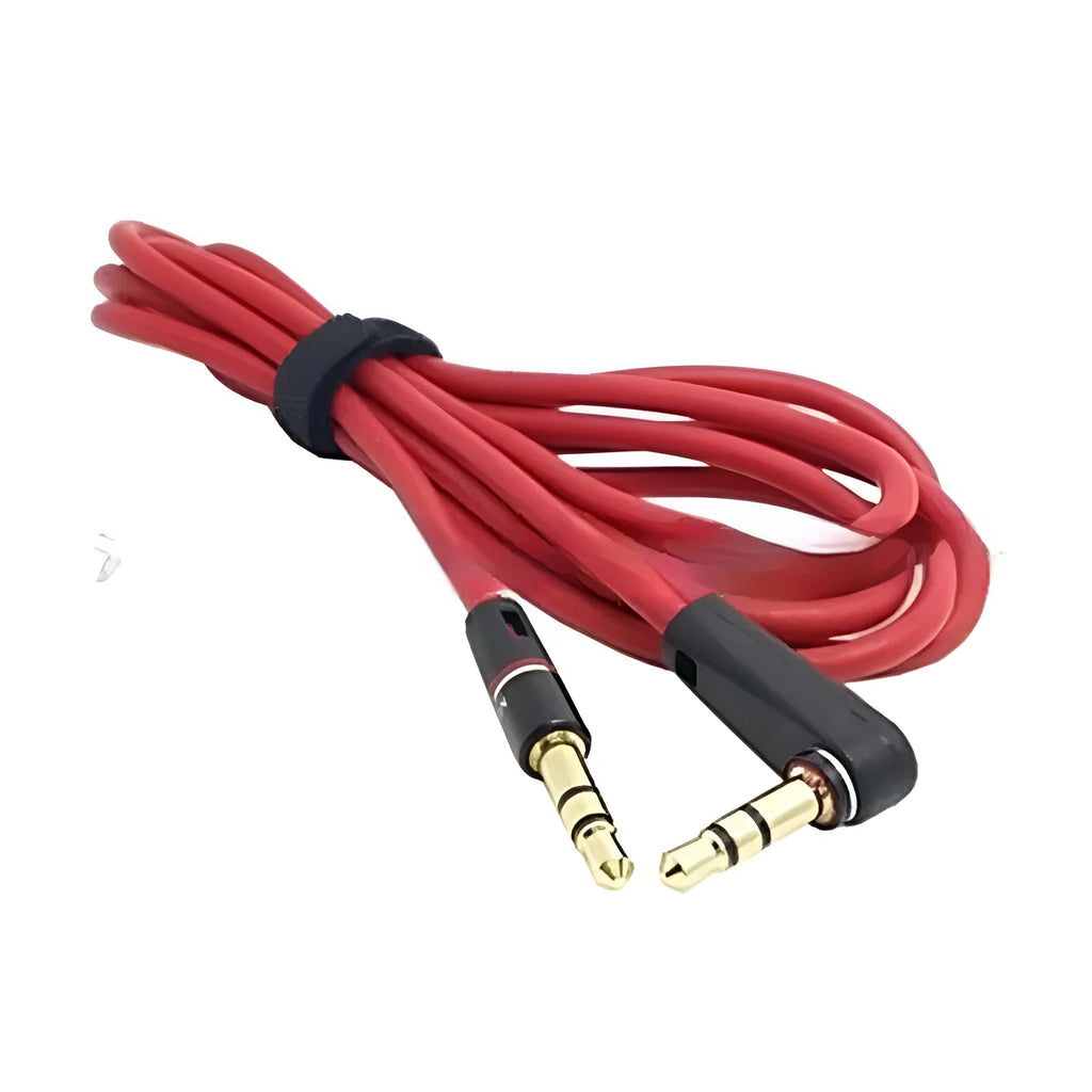 Red 35mm audio cable with elbow male-to-male connectors, 1m length, gold-plated plugs and bare copper wire.