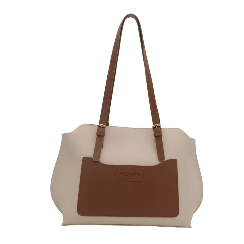 Women's PU leather tote bag with phone compartment in horizontal square design with double shoulder straps