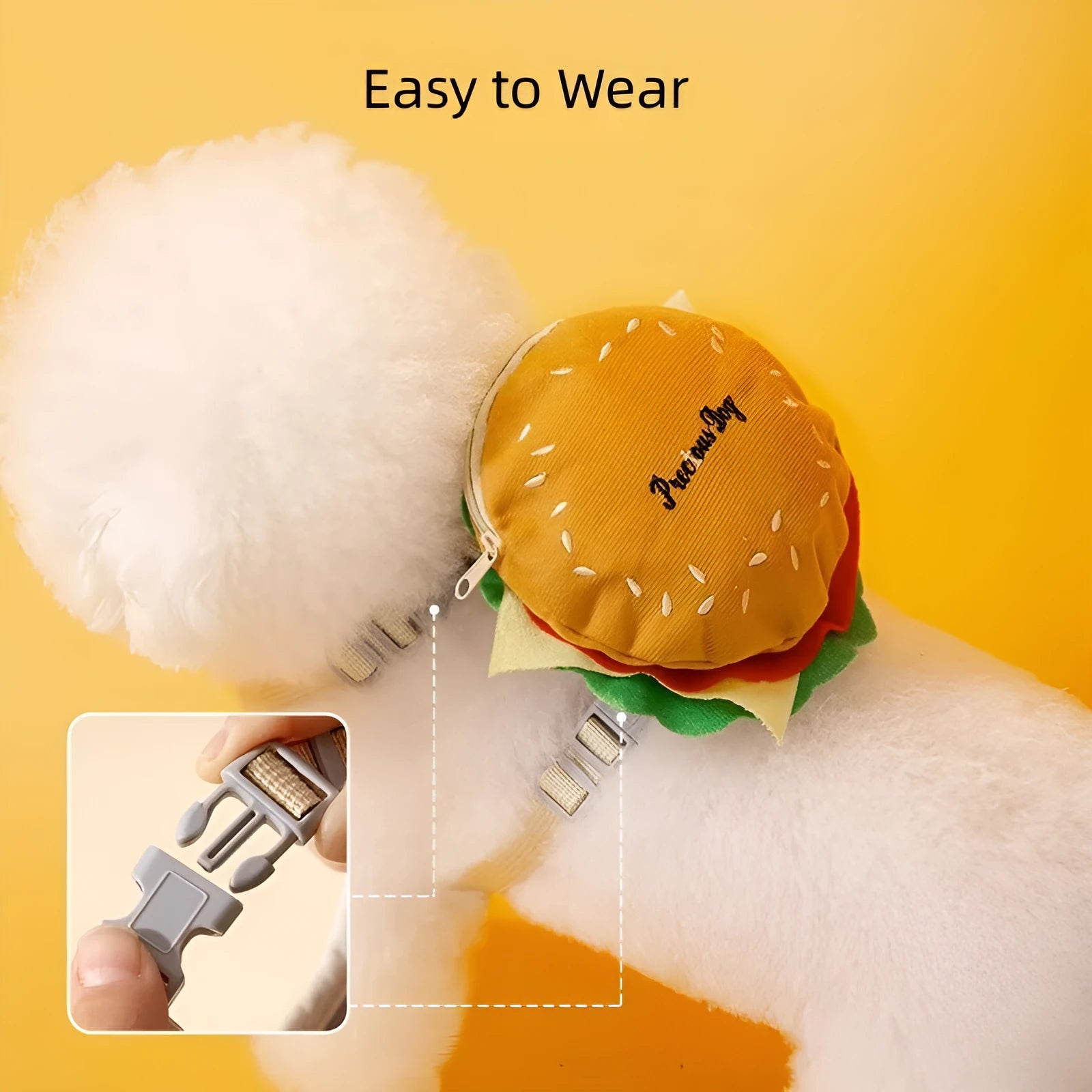 Cartoon hamburger print adjustable vest leash for a dog, showing the escape-proof design and walking rope.