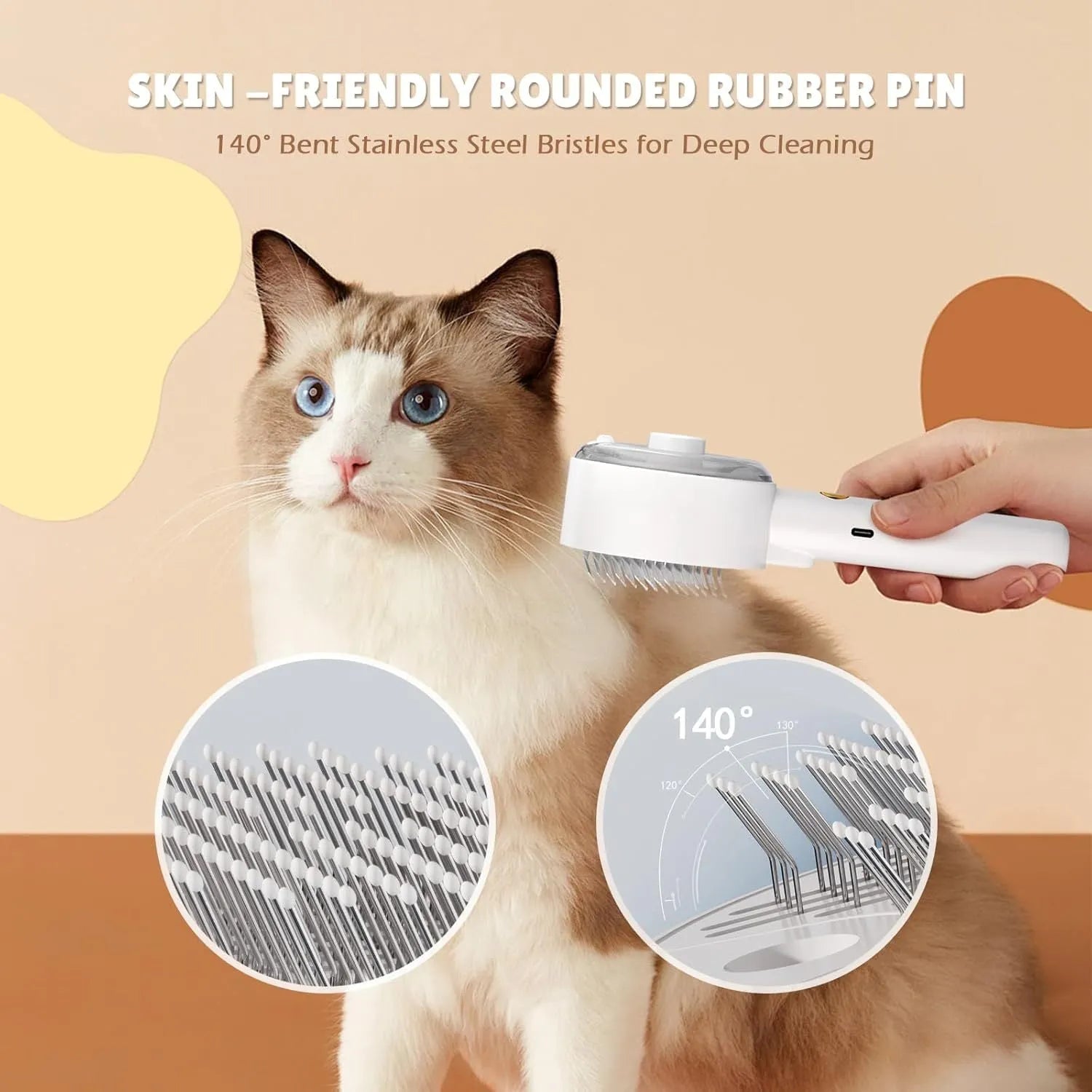 Pink and white cat steam brush with transparent water tank and stainless steel bristles for pet grooming