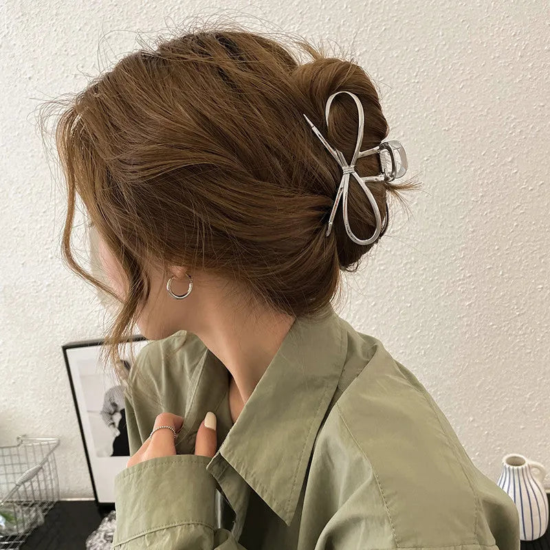 Women's alloy bow barrette hair clip in silver or gold Korean style