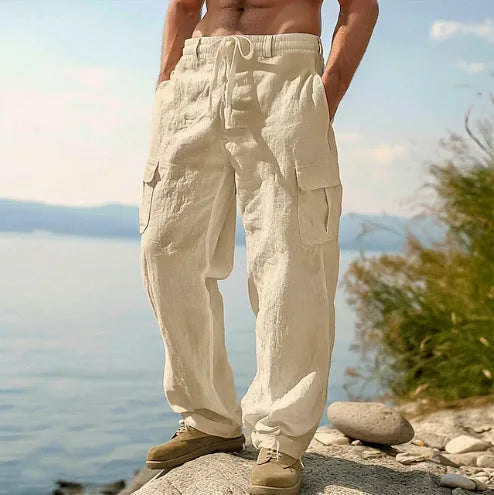 Men's wide-leg cotton trousers in khaki colour with elastic waist for casual wear