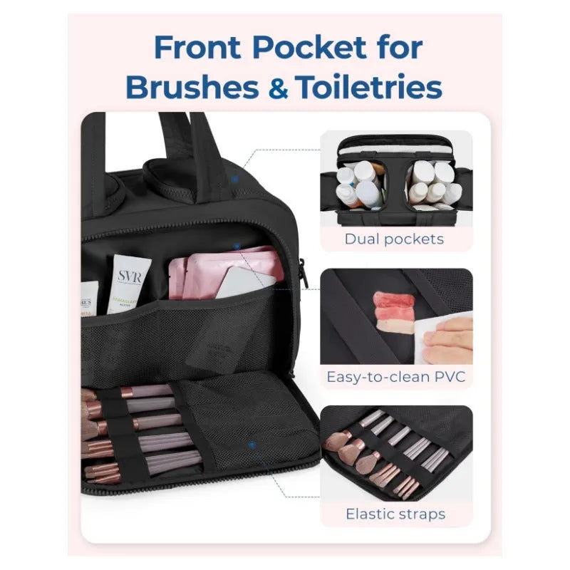 Travel toiletry bag in black with wide-open design showing interior space, dimensions 29.97x18.54x21.08cm