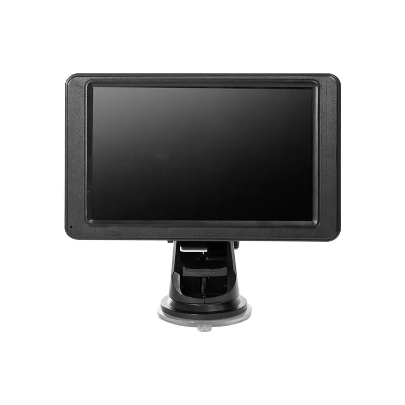 Black vehicle-mounted MP5 player with 7-inch LCD screen on dashboard bracket showing media playback interface