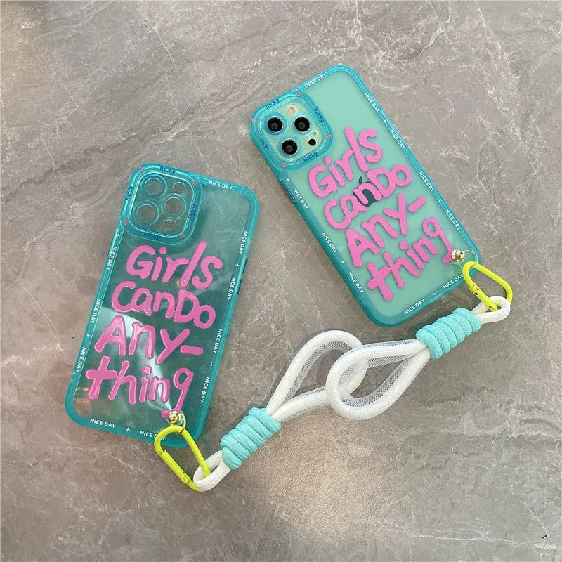 Graffiti design personalised TPU phone case with attached lanyard for Apple iPhone in mint green colour