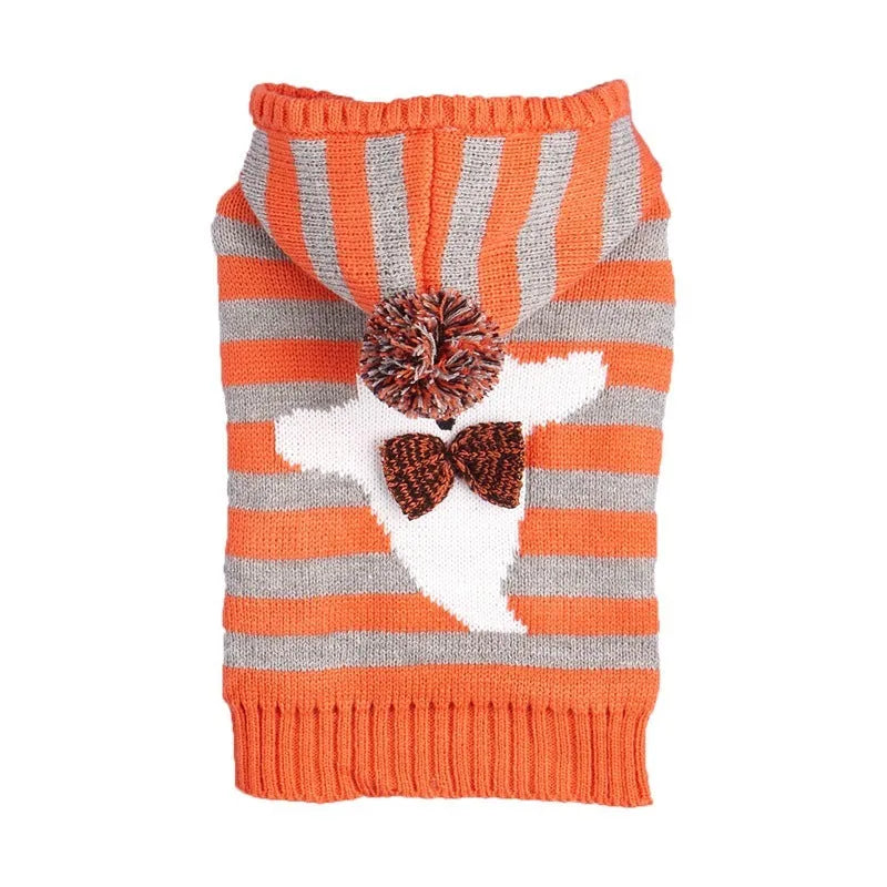 Orange Halloween pet sweater with striped pattern and hooded fur ball design for dogs and cats