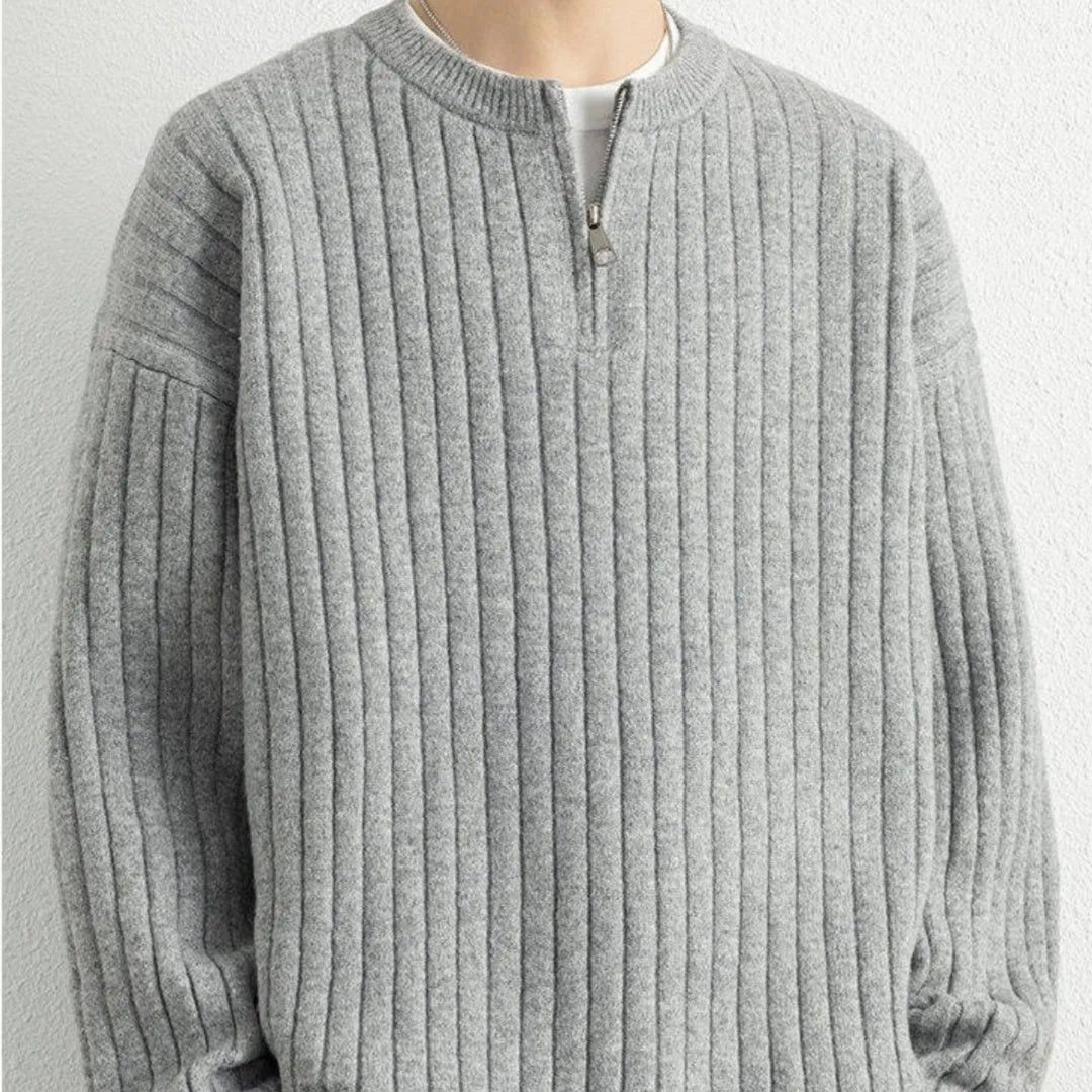 Men's grey half-zip sweater with textured knit and loose pullover design for winter