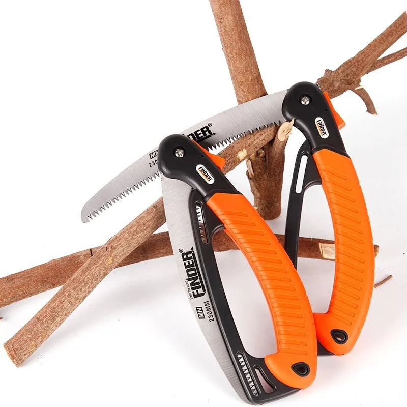 Folding garden saw with extended 230mm 65MN steel blade and TPR grip, showing teeth detail