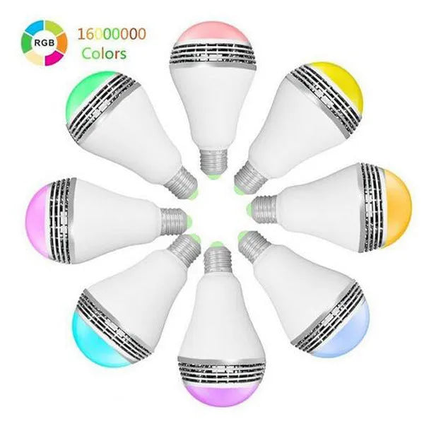 Creative Home LED Smart Bluetooth Speaker E27 Bulb showing 100mm diameter, RGB+W colours, and E27 fitting