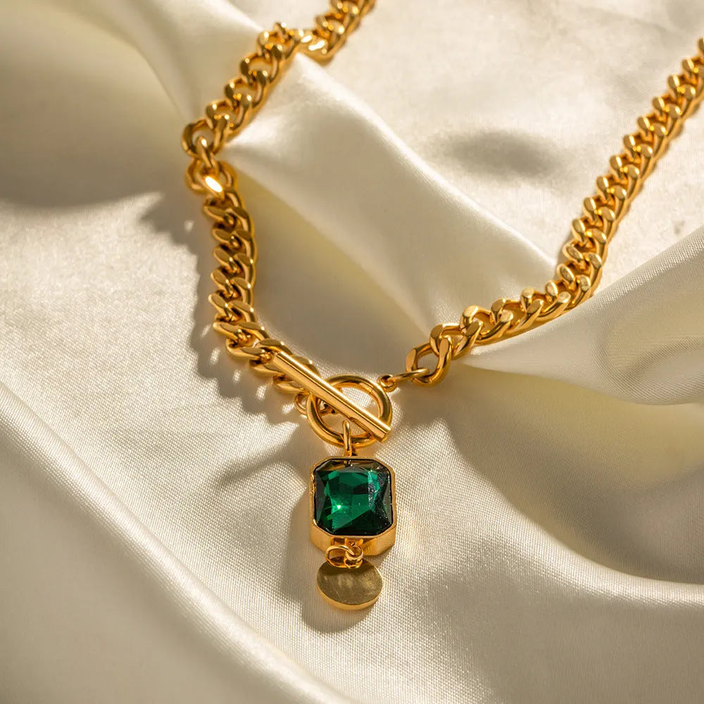 Gold French retro pendant necklace with round zircon stone on adjustable titanium steel chain