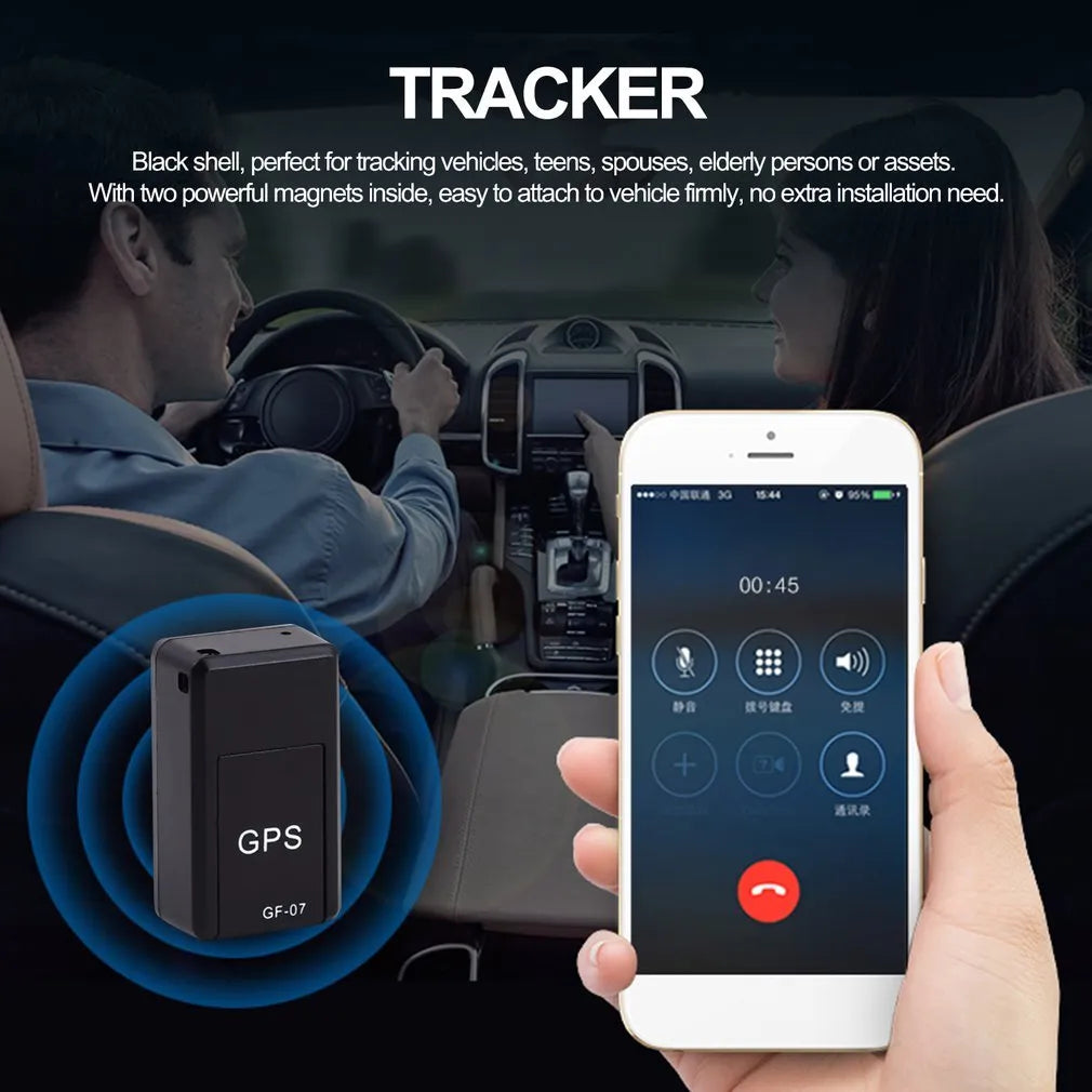 Black magnetic mini GPS tracker with dimensions 35x20x14mm for vehicle tracking and voice recording