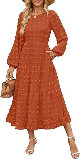 Autumn long sleeve dress with ruffled sleeves and high waist in beige colour, casual round neck design