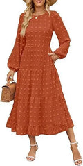 Autumn long sleeve dress with ruffled sleeves and high waist in beige colour, casual round neck design
