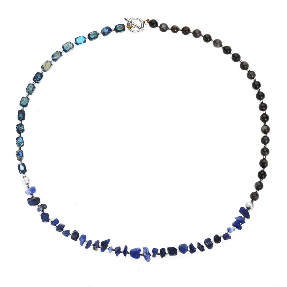 Blue hand-woven crushed stone bracelet with geometric Fang Hui stone and gold obsidian beads
