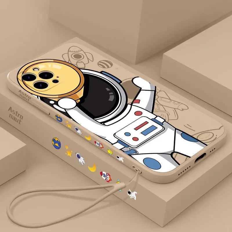 Colourful cartoon astronaut and planet design on a black silicone case for iPhone.
