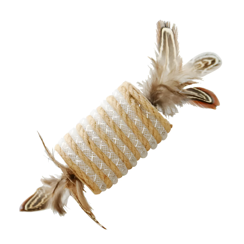 Beige cat interactive toy with feathers, hemp rope scratching surface, and integrated sound roller mechanism