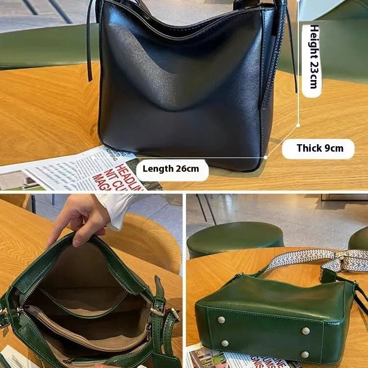 Women's large-capacity leather shoulder messenger bag in square vertical shape with multiple interior compartments