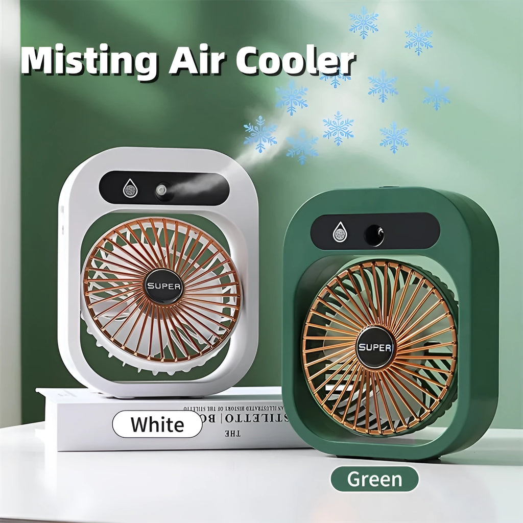 Green and white USB rechargeable portable misting fan and humidifier with adjustable wind direction