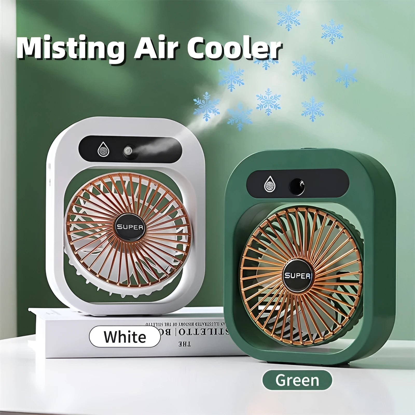 Green and white USB rechargeable portable misting fan and humidifier with adjustable wind direction