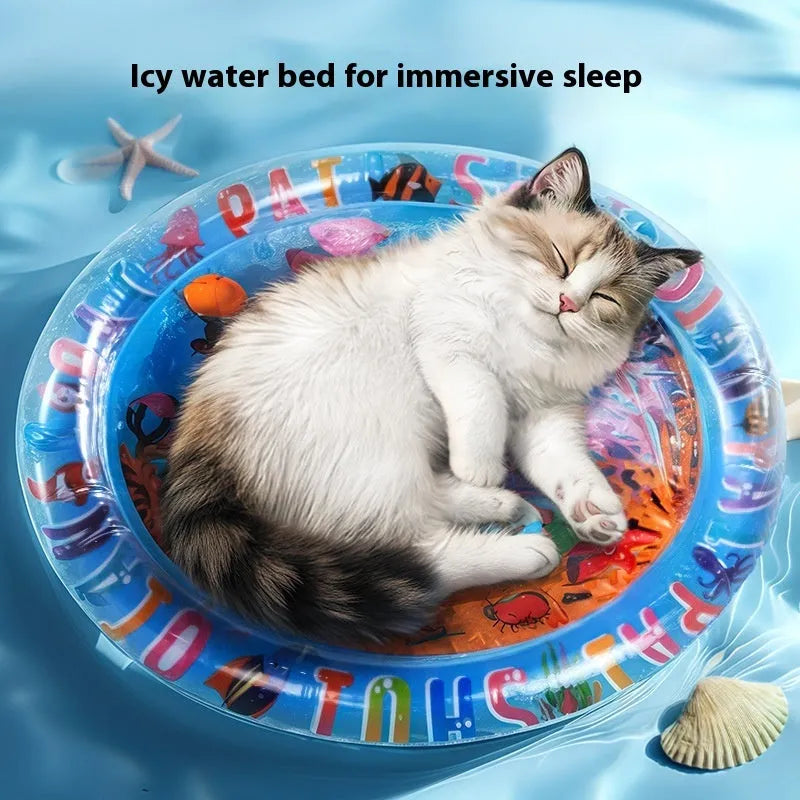 PVC inflatable water mattress for cats showing 100cm Underwater World design with water injection cooling system