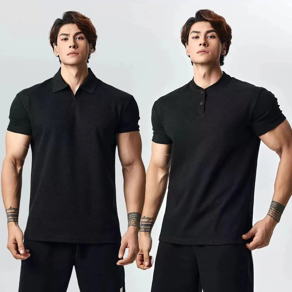 Men's loose fit solid colour t-shirt showing Henry collar and polo collar style options in white, black, grey.
