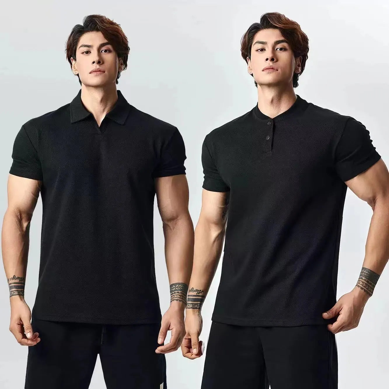 Men's loose fit solid colour t-shirt showing Henry collar and polo collar style options in white, black, grey.