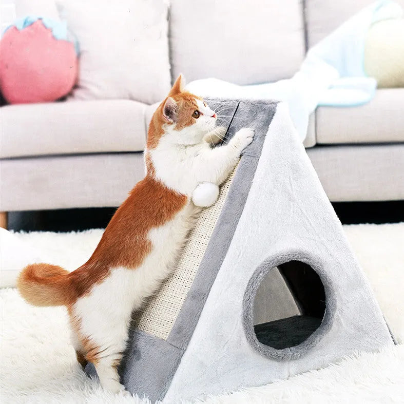 Triangle-shaped cat toy with sisal scratching surfaces and a soft plate fur bed, measuring 50cm tall