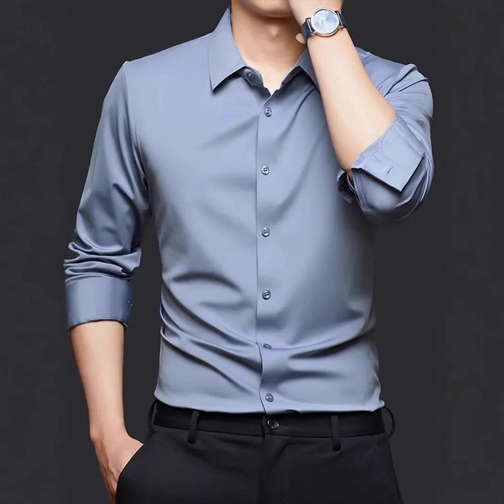 Seamless long sleeve anti-wrinkle shirt in elastic spandex fabric available in multiple colours