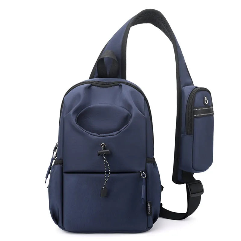 Dark grey Oxford cloth crossbody chest bag with stitching detail, shown being worn.