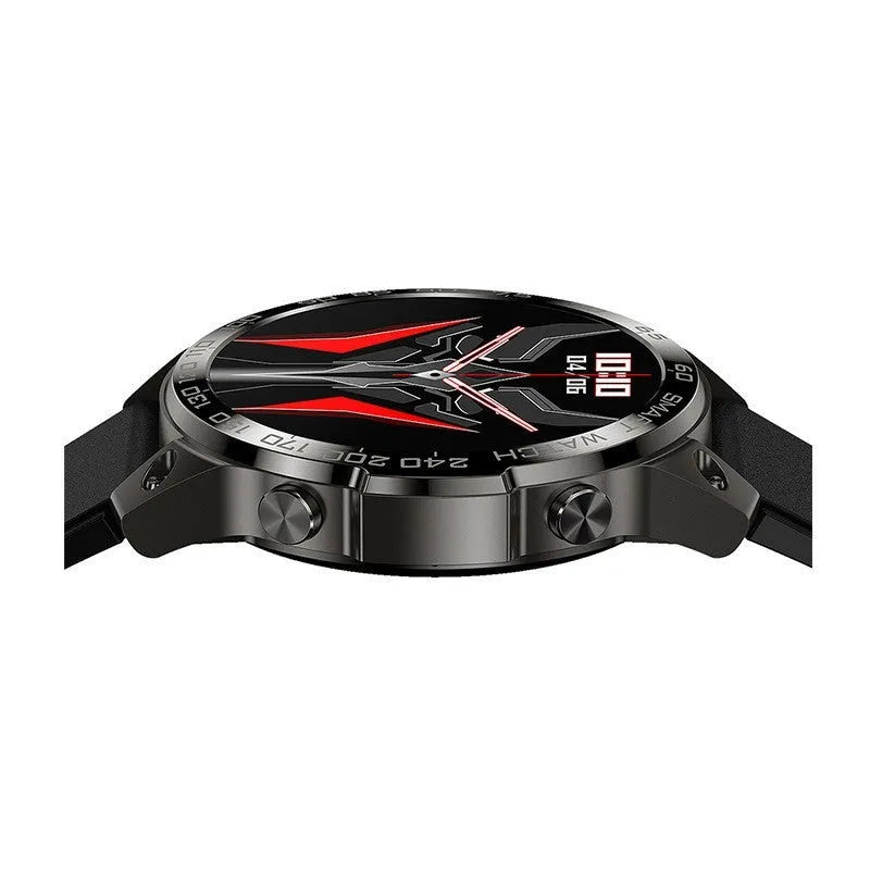 Black smartwatch with round AMOLED screen and silicone strap, showing fitness data on always-on display.