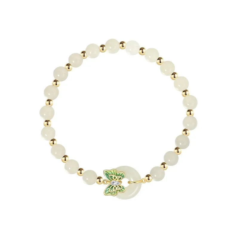 Cyan Hetian jade bracelet with sterling silver butterfly design and inlaid gemstones