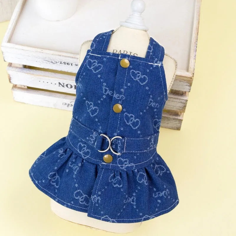 Teddy Bichon wearing denim princess dress in bracket-skirt style, small dog clothing for spring and autumn